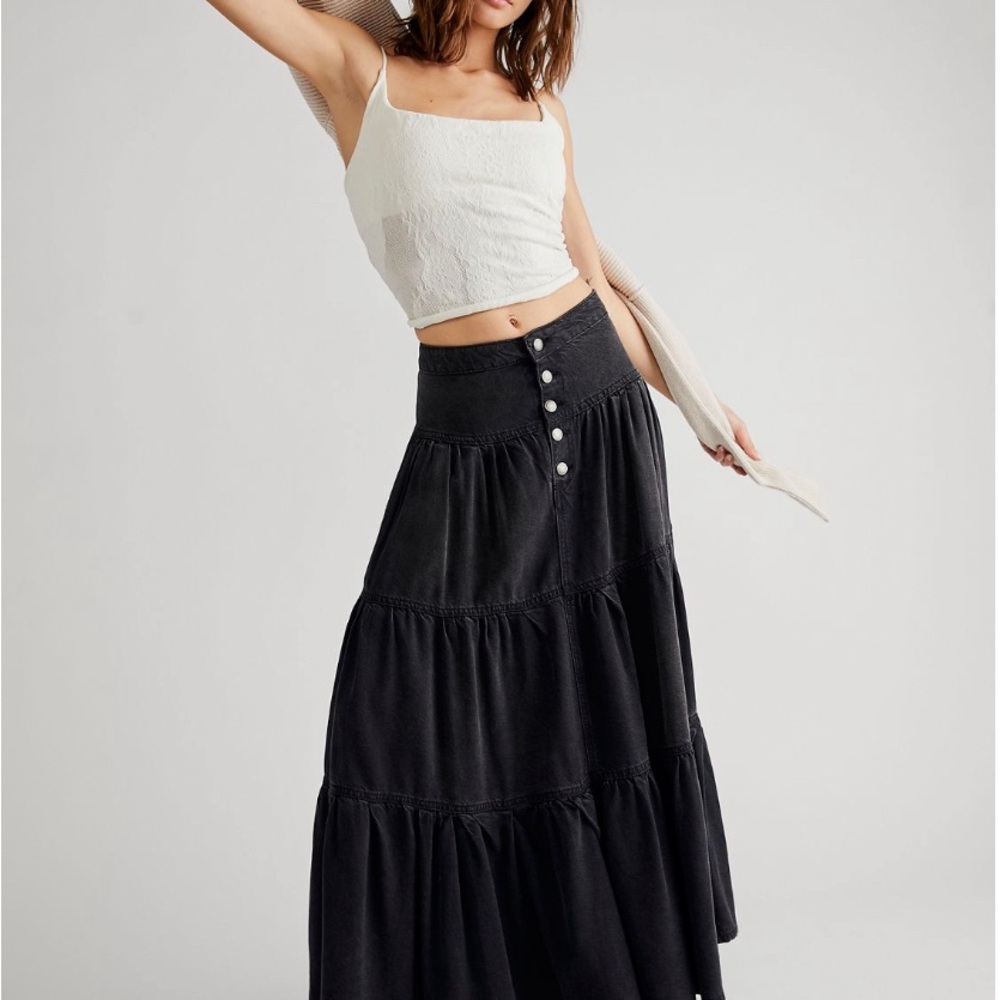 Free People Black Maxi Skirt with Buttons